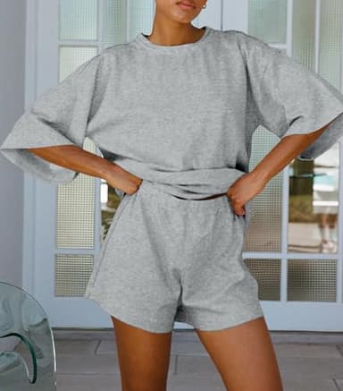 Tankaneo Womens Pajama Sets 3/4 Sleeve Oversized Tops and Elastic Waist Shorts Lounge Sets Loungewear Grey - Image 3