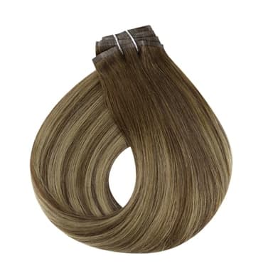 Full Shine Human Hair Clip in Extensions Brown Balayage Seamless Clip in Hair Extensions Human Hair Medium Brown with Honey Blonde Highlights Natural Seamless Look 18 Inch 8 Pcs 120 G - Image 9