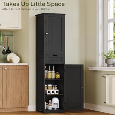 TEENFON 67" H Tall Storage Cabinet with 2 Doors and 1 Drawer, Narrow Black Cabinet with Adjustable Shelves, for Bathroom, Living Room, Entryway, Kitchen, Black - Image 4