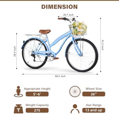 WEIZE Beach Cruiser Bike, 26 inch Commuter Bicycle for Adult Men and Women, 7-Speed/High-Carbon Steel/Front & Rear Fenders, Comfortable City Bikes with Rear Rack&Basket, Ergonomic Upright Design, Blue - Image 3