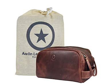 Leather Toiletry Bag for Men | Grooming Travel Kit | With Waterproof Lining | By Aaron Leather (Dark Brown) - Image 1