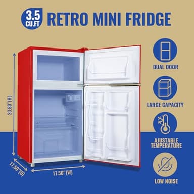 TACOOL 3.5 Cu.ft Refrigerator with Freezer Double Door Red Fridge Adjustable Glass Shelves, Plastic Crisper,7 Level Temperature Control Fridge for Dorm, Office, Apartment - Image 2