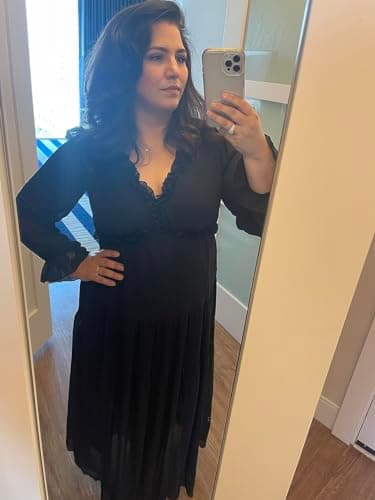 BLENCOT Women's Casual Boho Solid Color Deep V Neck Loose Long Sleeve Long Evening Dress Ruched Cocktail Party Maxi Wedding Dress Black X-Large - Image 3