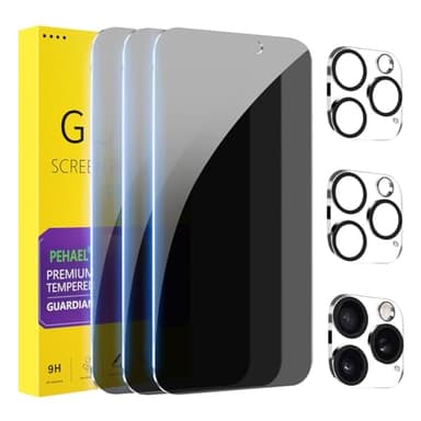 PEHAEL 3+3Pack for iPhone 16 Pro Privacy Screen Protector with Camera Lens Protector Full Coverage Anti-Spy Tempered Glass Film 9H Hardness Easy Installation Bubble Free [6.3 inch] - Image 1