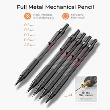 Nicpro 33PCS Black Metal Mechanical Pencil Set in Leather Case, Art Drafting Pencil 0.3, 0.5, 0.7, 0.9 mm, 2mm Lead Holders for Sketching Drawing with 18 Tube (6B 4B 2B HB 2H 4H Colors) Lead Refills - Image 2