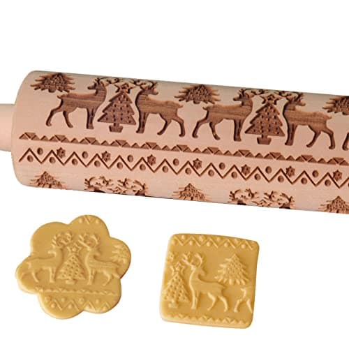 Embossed Rolling Pin, OLETNY Large Wood Textured Roller for Baking, Cookies, Decorative Pattern Rolling Pins, Christmas Gifts for Mother, Grandmother, and Friends (Elk)