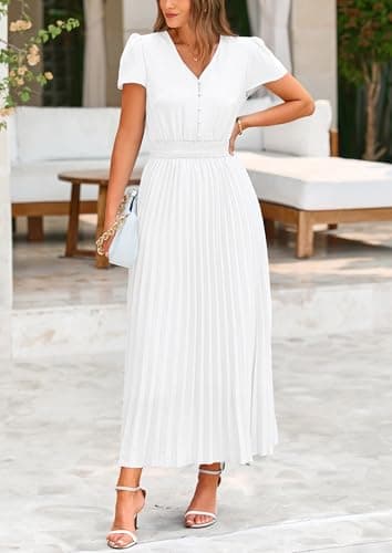 PRETTYGARDEN Women's Summer Maxi Dresses 2025 Trendy Casual Button V Neck Ruffle Cap Sleeve Long Flowy Pleated Dress (White,Small) - Image 7