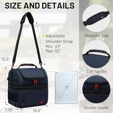 MIER Dual Compartment Lunch Bag Tote with Shoulder Strap for Men and Women Insulated Leakproof Cooler Bag, Dark Blue - Image 4