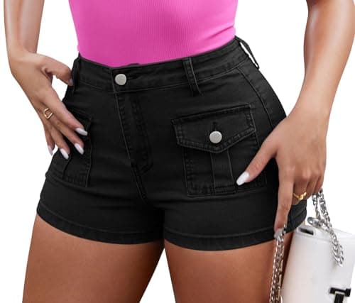 GOBLES Women's Sexy High Stretch Slim Fit Cargo Denim Shorts with Front Pockets Black - Image 1