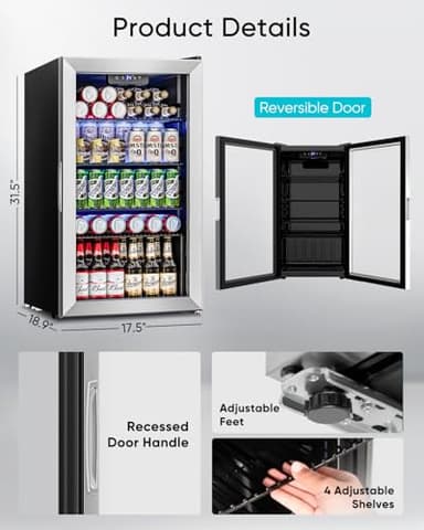 Beverage Refrigerator Cooler - 126 Can Mini Fridge Glass Door for Drinks Soda Beer Wine - Small Refrigerator for Office Bedroom Home Bar, 4 Adjustable Shelves, 3.2 Cu.Ft, Silver - Image 7