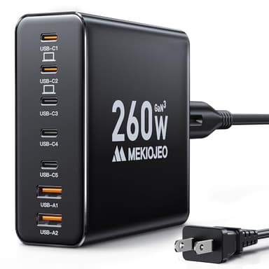 Aluminum Alloy 260W USB C Charger Block GaN III PD 65W Fast USB C Charging Station 7 Ports 65W Laptop Charger for MacBook Pro/Air/iPad Pro/iPhone (Grey Black-5C2A) - Image 1