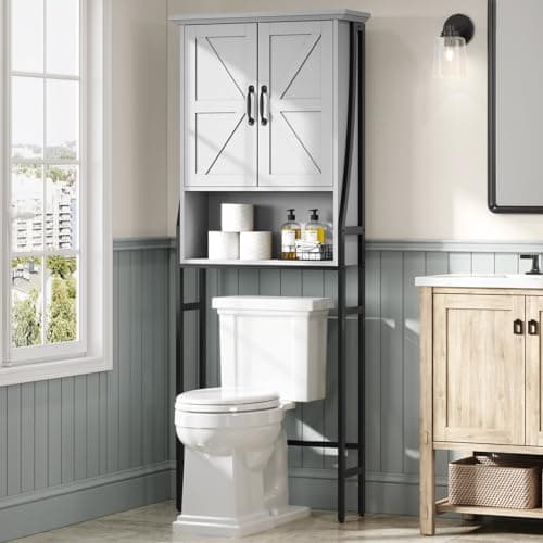 MXARLTR Over The Toilet Storage Cabinet, Over Toilet Bathroom Organizer with Barn Doors Above Toilet Storage Cabinet Spacesaver Rack Behind Toilet Bathroom Organizer (Gray) - Image 1