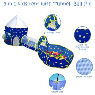PigPigPen 3pc Kids Play Tent for Boys with Ball Pit, Crawl Tunnel, Princess Tents for Toddlers, Baby Space World Playhouse Toys, Boys Indoor& Outdoor Play House, Perfect Kid’s Gifts - Image 5
