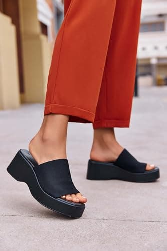 Minshluu Black Platform Slides Sandals for Women Backless Open Toe Slip on Wedges Shoes - Image 3