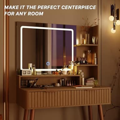 IKALIFE Fluted Makeup Vanity Desk with Mirror and Lights, 3 Color Modes & Adjustable Brightness Dressing Table, Small Vanity Table Set with 2 Drawers & Storage Shelves for Bedroom, Oak 31.5" - Image 3