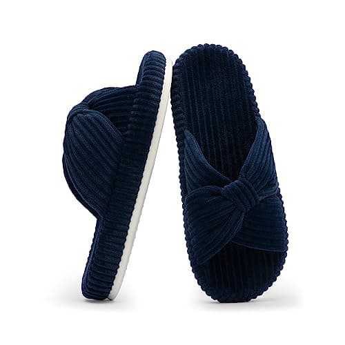 Chantomoo Slippers for Women Memory Foam House Bedroom Corduroy Bow Crossbands Slide Slipper Shoes Comfy Trendy Gift Slippers Navy Blue Size7 8 6.5 - Image 1