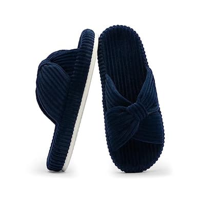 Chantomoo Slippers for Women Memory Foam House Bedroom Corduroy Bow Crossbands Slide Slipper Shoes Comfy Trendy Gift Slippers Navy Blue Size7 8 6.5 - Image 1