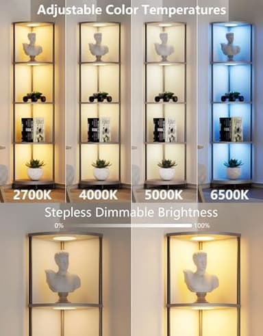 Corner Shelf with RGBCW LED Light, 64.5” Tall Floor Lamp Narrow Bookshelf Organizer, Standing Shelves with Metal Pole, Display Storage Rack for Wall Corner, Living Room, Bedroom, Office Décor, Grey - Image 6