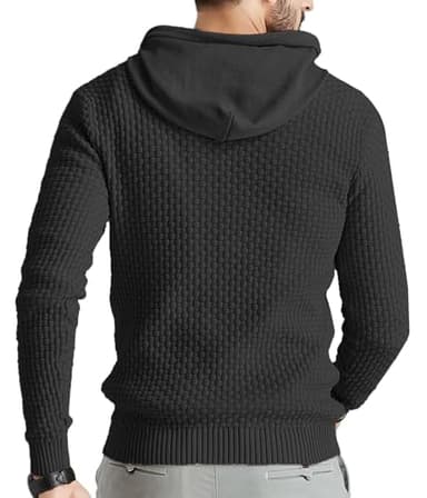 Zaitun Mens Hooded Sweatshirt Long Sleeve Solid Knitted Hoodie Pullover Sweater Black - Image 4
