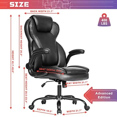 Big and Tall Office Chair 400lbs-Heavy Duty Executive Desk Chair with Extra Wide Seat, High Back Ergonomic Leather Computer Chair with Tilt Rock&Tension, Padded Armrests-Black - Image 3
