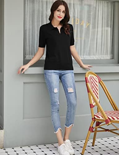 Kate Kasin Women Lapel Knitted Pullover Sweater Short Sleeve Lightweight Ribbed V-Neck Casual Loose Tops Black M - Image 5