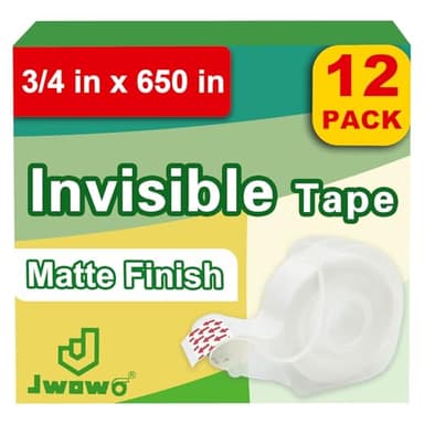 JWOWO 12 Invisible Tape with 12 Refillable Tape Dispenser, Home Office Supplies and Back to School Supplies for College and Classrooms, Matte Finish, 3/4 in x 650 in - Image 1