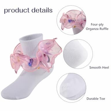 MKYSZLT Girls Ruffle Socks Toddler Double Lace Sock Turn Cuff Frilly Dress Socks Pageant with Ruffles Little Baby Girl Kids (US, Age, 6 Years, 8 Years, Feather ruffles - 3 pairs) - Image 2