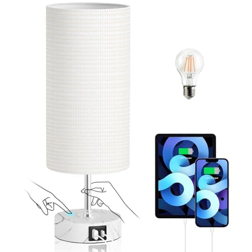 LuxeBeam 3-Way Dimmable Bedside Touch Lamp - USB-C and USB-A Ports, Faux Marble Base, White Shade with Silver Thread, Includes 8W LED Bulb for Bedroom, Living Room, Desk - Image 1