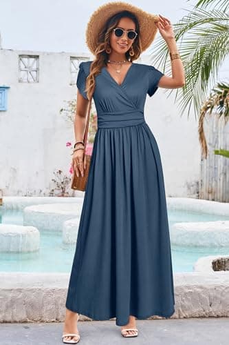 OUGES Short Sleeve Summer Maternity Maxi Dresses for Women 2025 Wrap V Neck Wedding Guest Dress Casual Spring Long Dress(Gray Blue,M) - Image 2