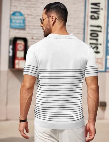 COOFANDY Mens Polo Shirts Striped Knitting Golf Shirts Lightweight Short Sleeves Shirts, White, Medium - Image 3
