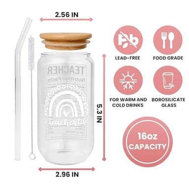 Teacher Appreciation Gifts for Women - Birthday, Valentines, Back To School, Thank You Gifts for Teachers Women - Preschool Daycare Teaching Glass Cup with Lid, Straw & Brush - 16 Oz Can Glass - Image 6