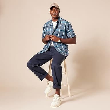 Amazon Essentials Men's Regular-Fit Short-Sleeve Poplin Shirt, Denim Large Plaid, X-Large - Image 8
