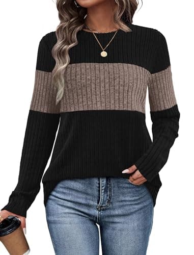 Fall Outfits for Women 2025 Long Sleeve Shirts Dressy Casual Tops Winter Clothing Trendy Sweaters Color Block Coffee L - Image 1