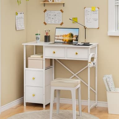 3IngSeagulls Small Computer Desk with 4 Fabric Drawers, Simple Writing Desk for Home Office, Compact Study Desks for Small Spaces, Kids Desk Study for Bedroom, White - Image 5