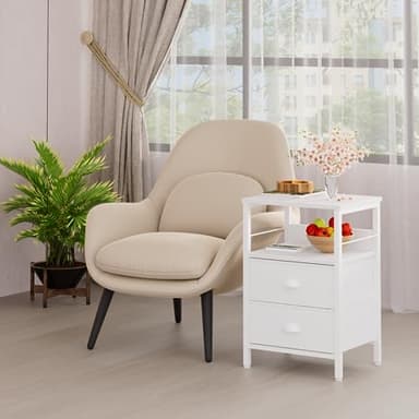 Furologee Nightstands Set of 2, End Table with 2 Fabric Drawers, Night Stand with 2 Hooks, Open Wood Shelf Bedside Table for Bedroom/Living Room/White - Image 2