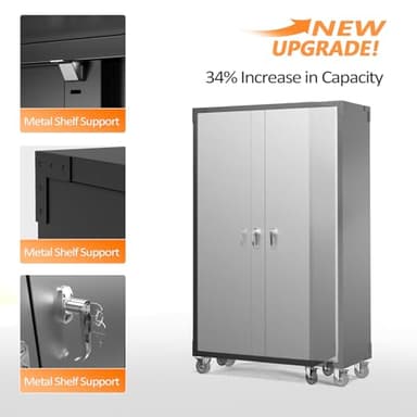 VINGLI Upgraded Wide & Deep Garage Storage Cabinet, Metal Storage Cabinet with Pegboards, Wheels, Locking Doors and Adjustable Shelves (Black & Silver, 43''W x 20''D x 72''H) - Image 7