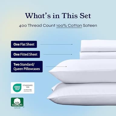 California Design Den Natural 100% Cotton Sheets Queen Size Bed Set - Soft 400 Thread Count Sateen, Queen Sheets, Deep Pockets with All Around Elastic for a Snug Fit, Cool & Durable Bedding - White - Image 3