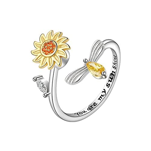 Aoeam Sunflower Fidget Ring for Daughter Women Adjustable Anti-Anxiety Spinner Ring Cubic Zircon Lettering You Are My Sunshine Stress Relief Bee Fidget Ring Jewelry Gift - Image 1