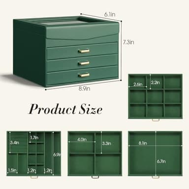 TidyStash 4 Layer Jewelry Box with Lid, Classic Jewelry Organizer with 3 Drawers for Women Girls, Adjustable Compartments, Modern Style, Green - Image 4