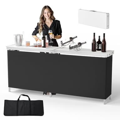 VINGLI 78" Portable Bar Table, 2-Tier Shelves, Mobile Bar Table for Events, Party, Camping, Picnic, Tradeshow, Indoor with Black Skirt - Image 1