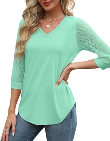 V Neck Blouses for Women Dressy Casual Lace 3/4 Sleeve Summer Spring Tops for Women 2025 Business Casual Aqua L - Image 2