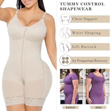 YIANNA Fajas Colombianas Moldeadoras Postpartum Full Shapewear for Women Tummy Control Body Shaper Butt Lifter Compression Garment with Zipper Crotch, YA7283-Beige-L - Image 6