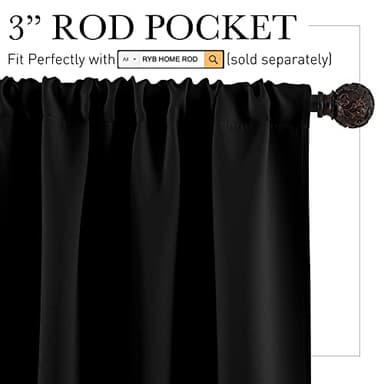 RYB HOME Bedroom Blackout Curtains - Black Curtains Solar Light Block Insulated Drapes Energy Saving for Bedroom Dining Living Room, 42 x 45 inches Long, Black, Set of 2 - Image 2