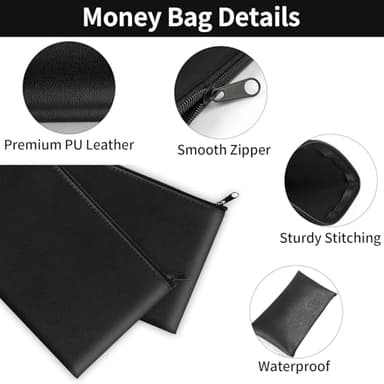 2 Pack Money Bags with Zipper, 11x6.1 Inch PU Leather Cash Pouch, Secure Bank Bag for Coins, Bills, Checks, Invoices, Cosmetics, Tools (Black) - Image 3