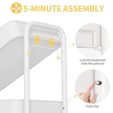 TOOLF 3 Tier Rolling Cart Storage Organizer, Metal Rolling Utility Cart with Wheels, Hooks & Bins Esthetician Craft Art Sturdy Storage with Pegboard for Bathroom, Kitchen, Office, Nursery Diaper - Image 4