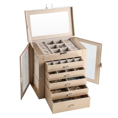 CIIGIO 6 Layer Large Jewelry Boxes With Mirror，Multifunctional 5 Drawers Jewelry Box Organizer with 2 Glass Door for Necklace Organizing (Champagne) - Image 1
