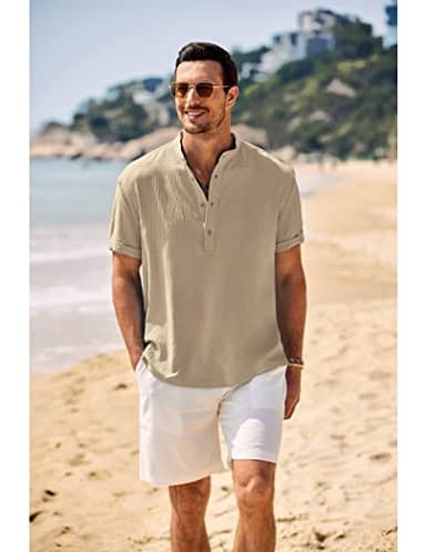 COOFANDY Men Summer Henley Shirts Button Vacation Shirt Collarless Casual T-Shirt Khaki - Image 2