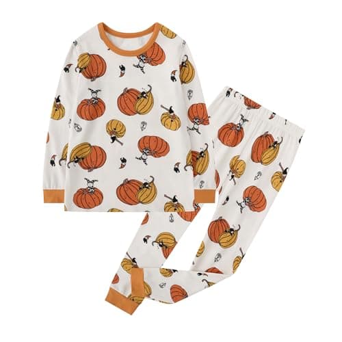 Owlivia 100% Organic Cotton Baby Long Sleeve Pajama Sets, Toddler Boy Girl 2-Piece Sleepwear (5-6 Years, Orange Bat Pumpkin) - Image 1