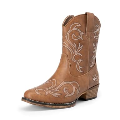 DREAM PAIRS Women's Cowboy Cowgirl Western Boots Embroidered Stitched Ankle Boots Square Toe Chunky Heel Fashion Short Booties with Zipper,Size 7,Tan,DWUMAB2511 - Image 1