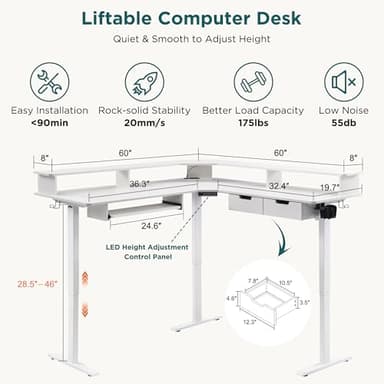 RedLemon 60 Inches L Shaped Electric Standing Desk, Height Adjustable Corner Gaming Desk with Drawers, Keyboard Tray, Power Outlets & LED Lights, Computer Desk with Monitor Shelf, Antique White - Image 2